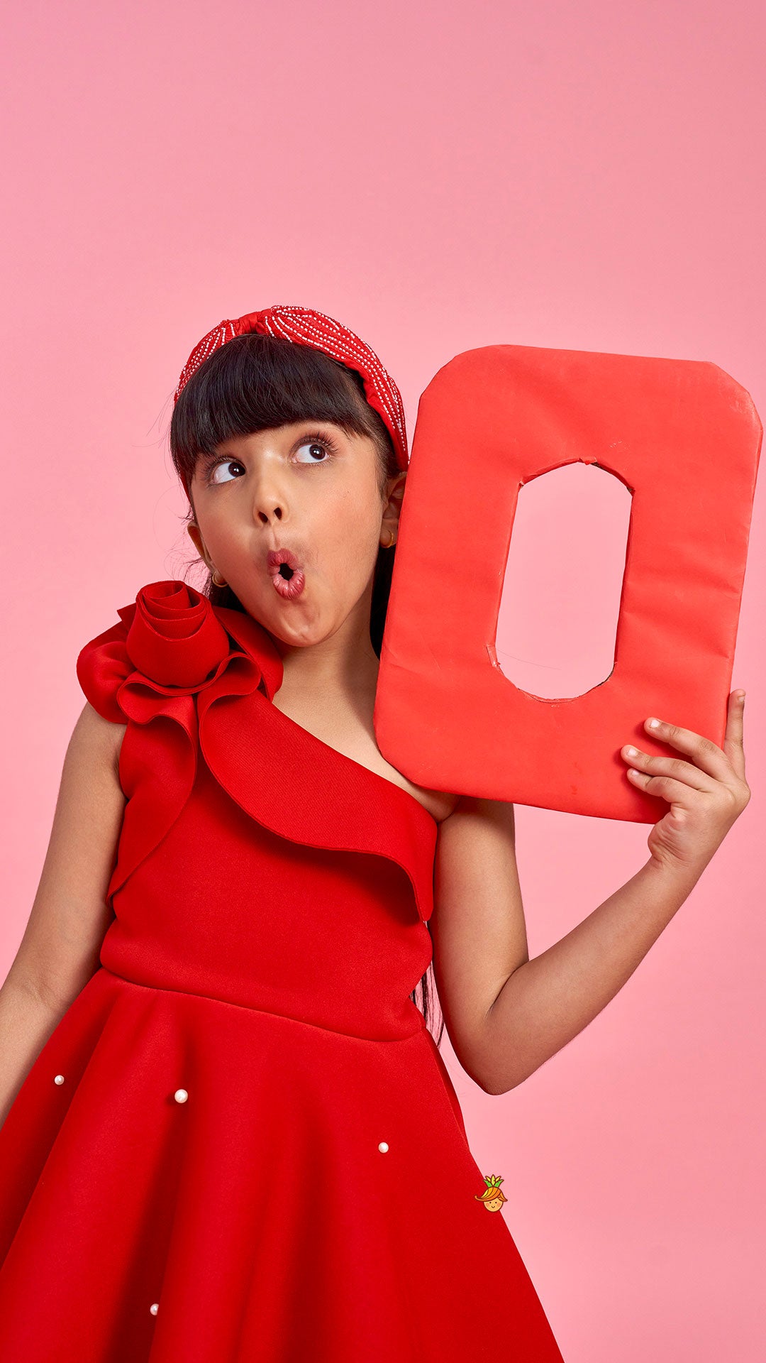 Rose Embellished Frilly Red Scuba Dress