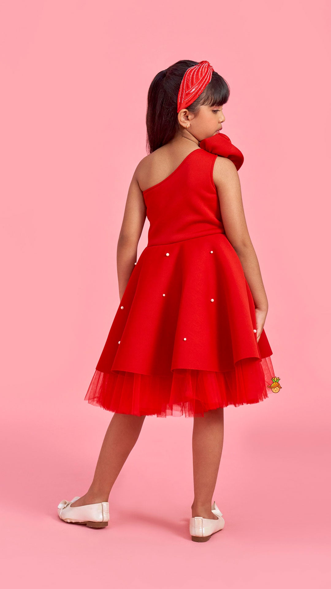 Rose Embellished Frilly Red Scuba Dress