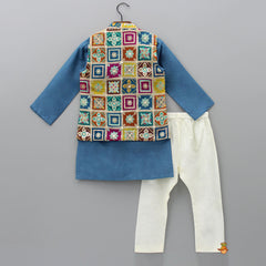 Pre Order: Blue Mandarin Collar Kurta With Embroidered Multicolour Jacket And Pyjama