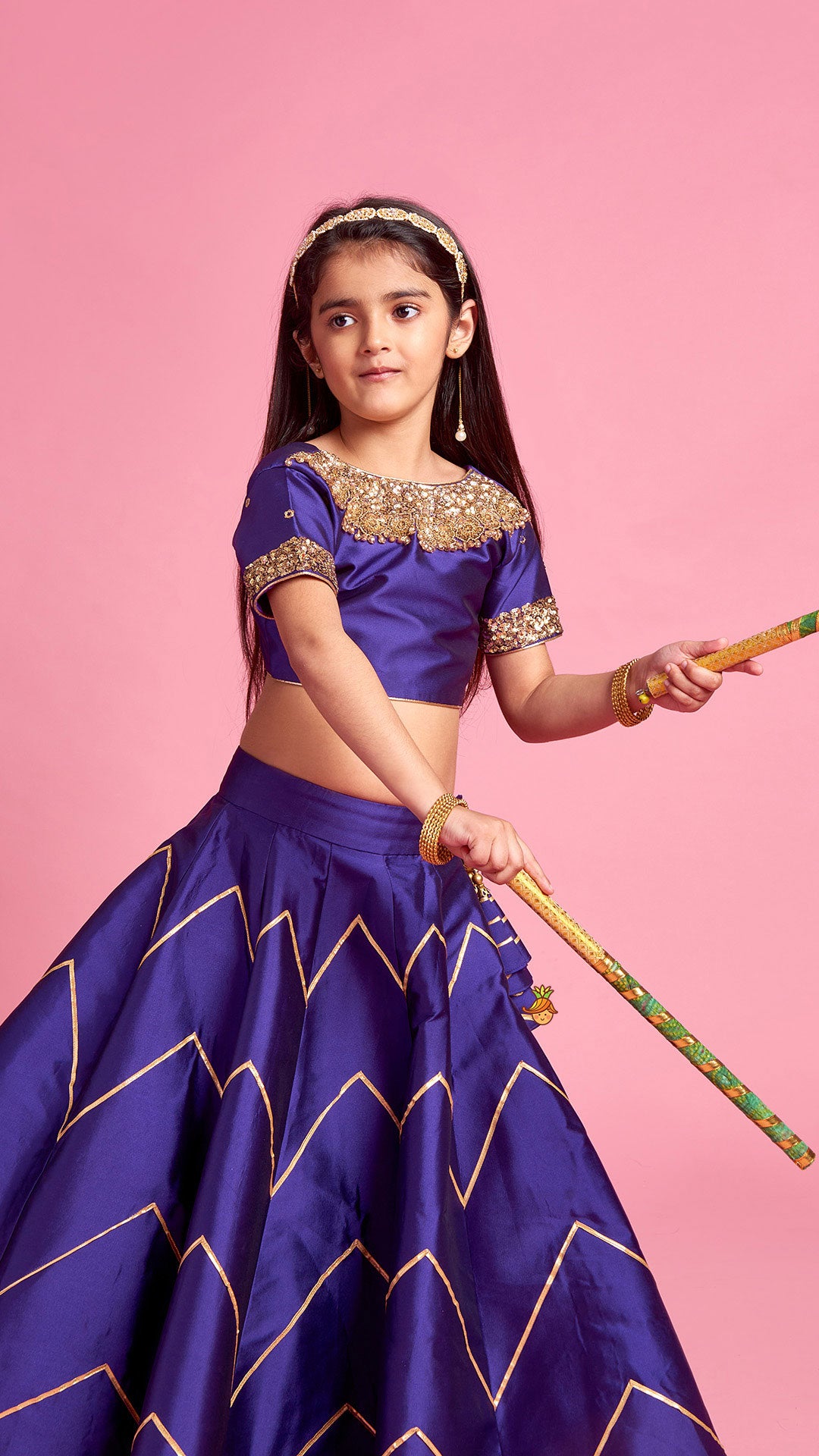 V Cut Back Embroidered Purple Top And Gota Lace Detail Lehenga With Matching Checks Dupatta