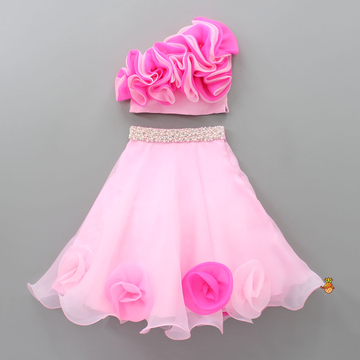 Organza One Shoulder Pink Top And Flower Adorned Flared Lehenga