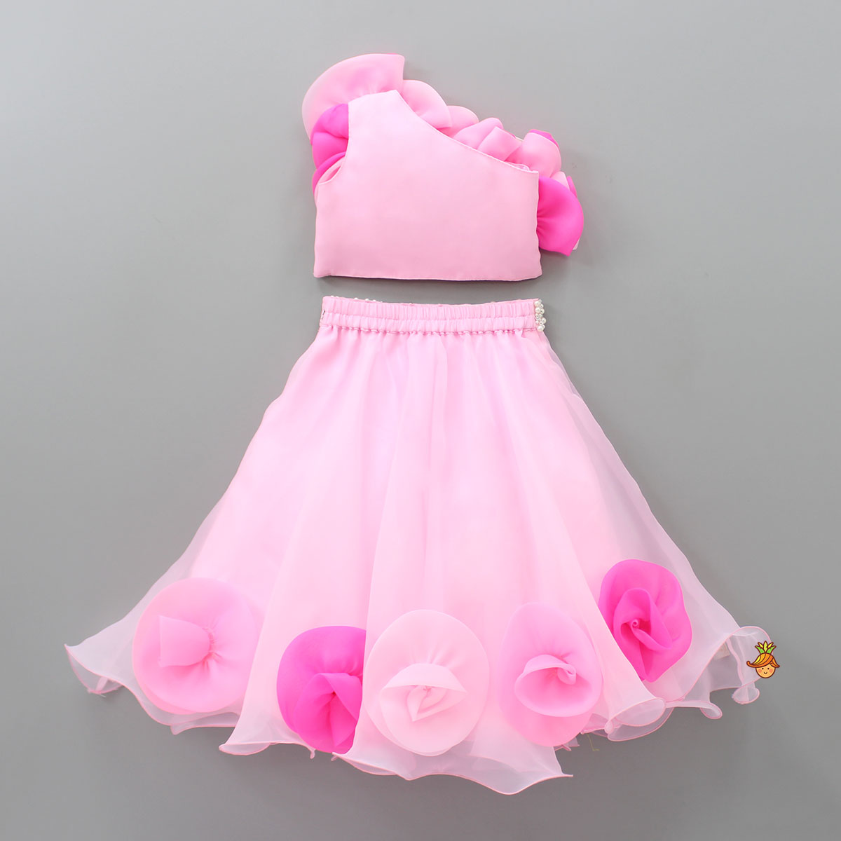 Organza One Shoulder Pink Top And Flower Adorned Flared Lehenga