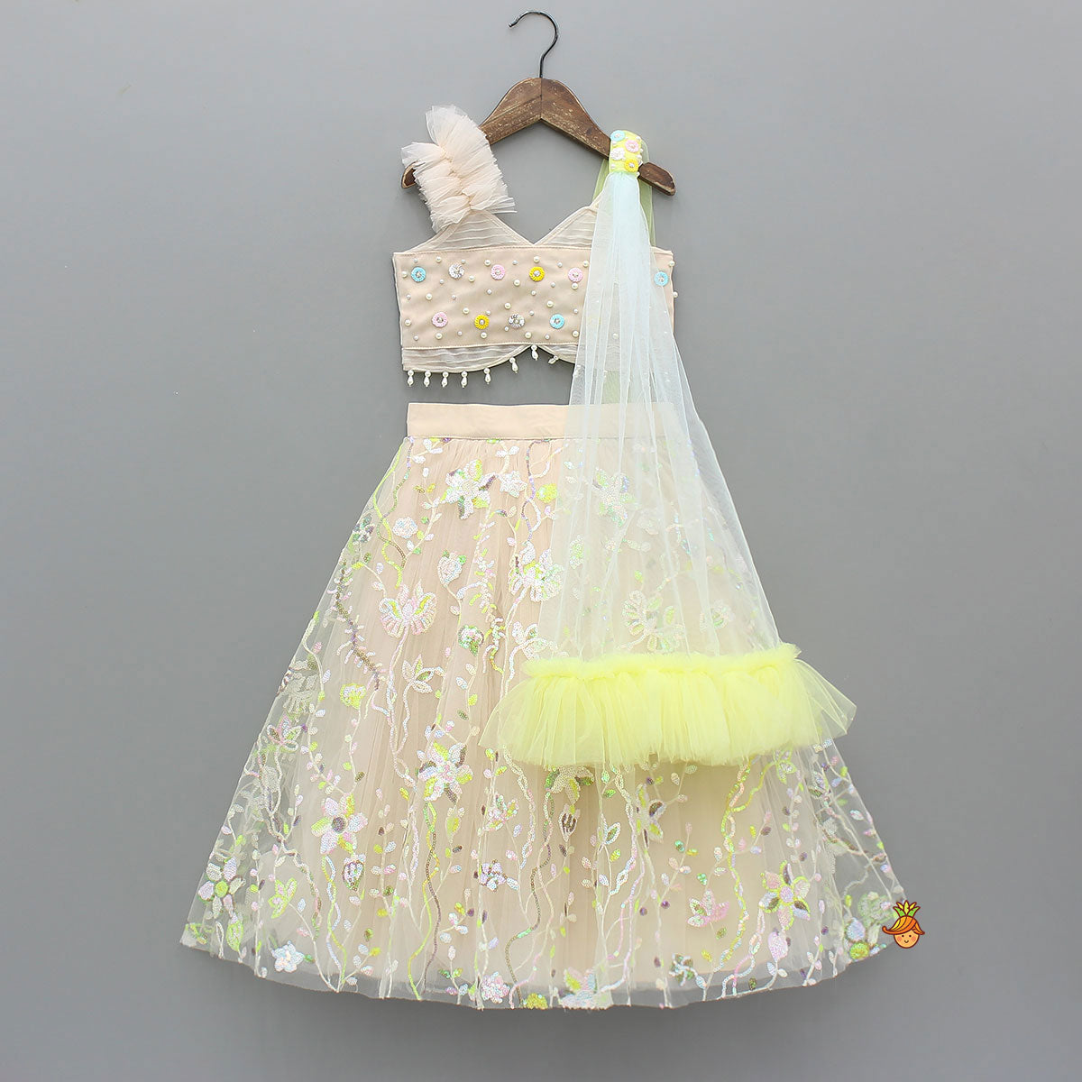 Spaghetti Straps Beige Top And Net Embroidered Lehenga With Dual Tone Stylish Dupatta