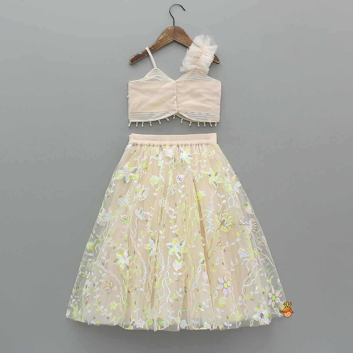 Spaghetti Straps Beige Top And Net Embroidered Lehenga With Dual Tone Stylish Dupatta