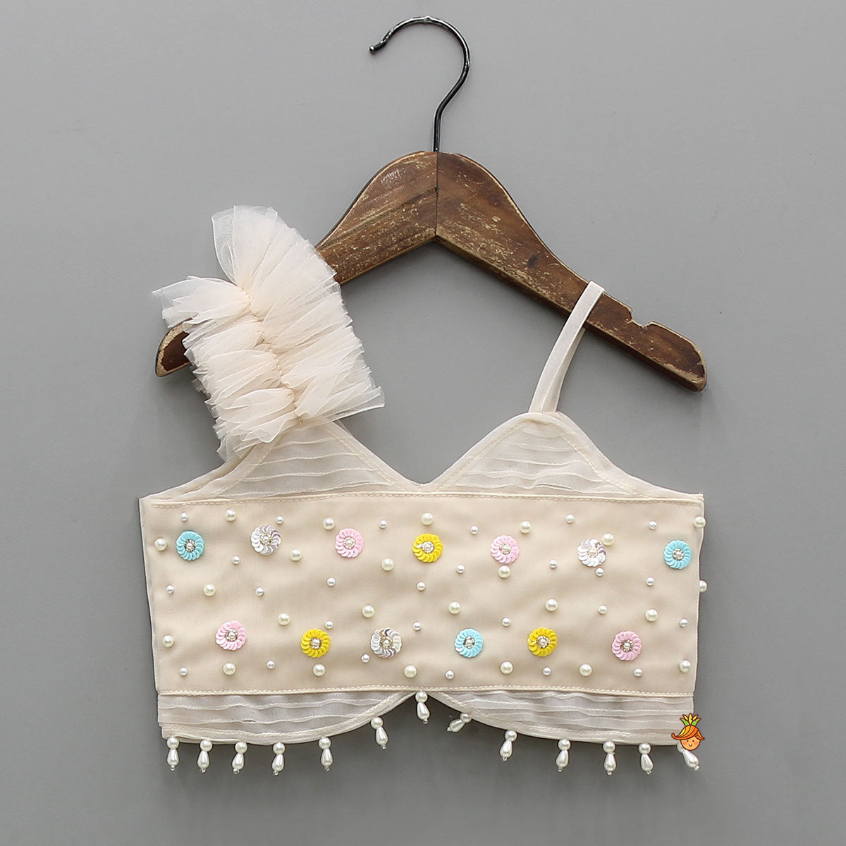 Spaghetti Straps Beige Top And Net Embroidered Lehenga With Dual Tone Stylish Dupatta