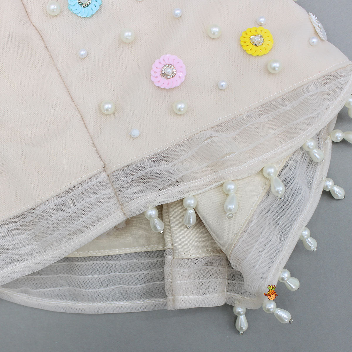 Spaghetti Straps Beige Top And Net Embroidered Lehenga With Dual Tone Stylish Dupatta