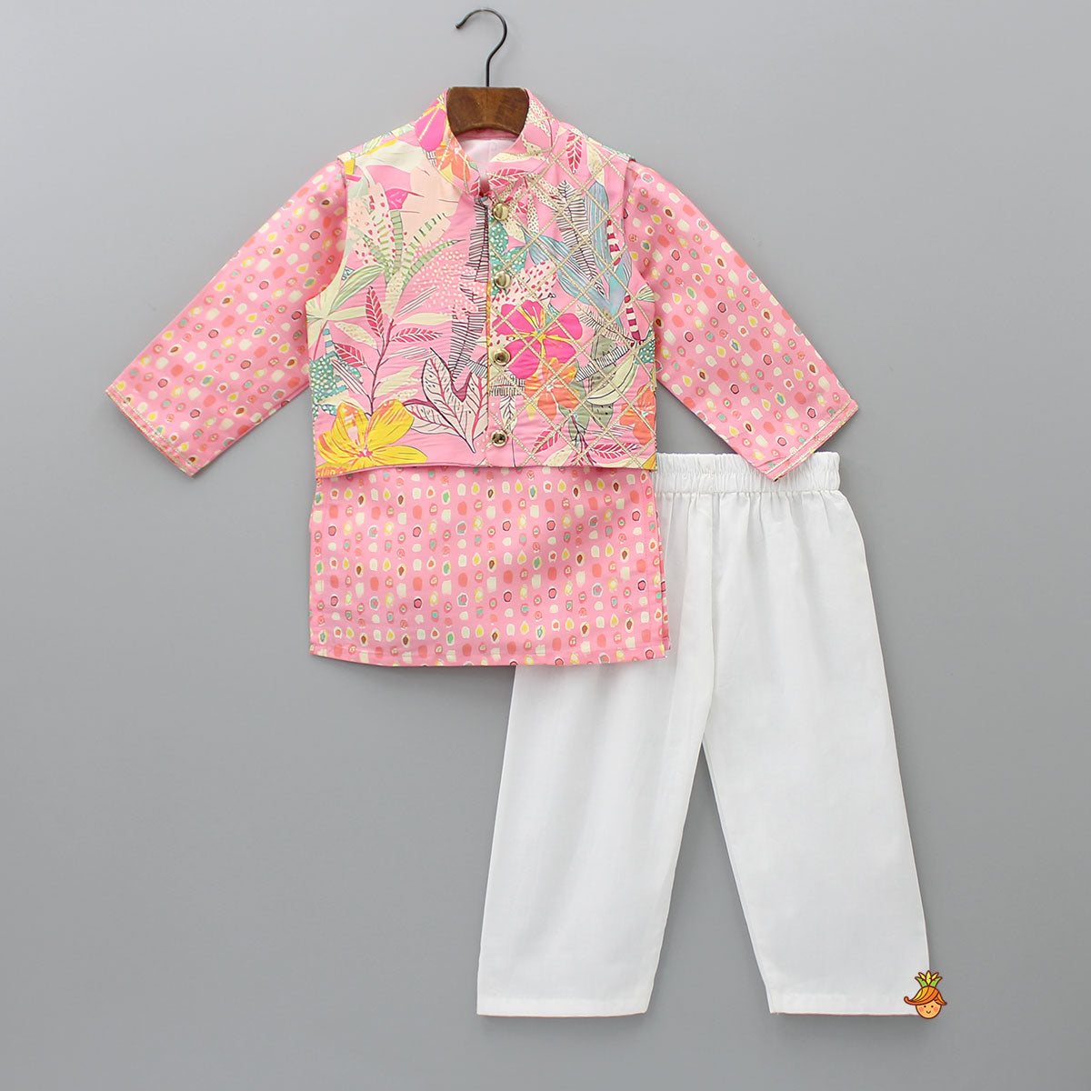 Lace Detailed Front Placket Mandarin Collar Pink Kurta With Floral Jacket And Pyjama