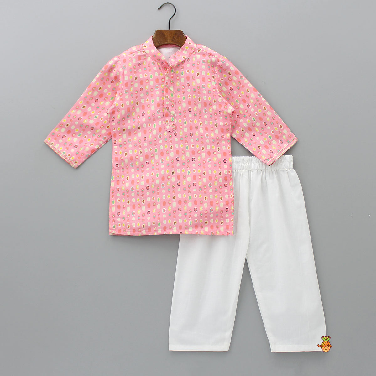 Lace Detailed Front Placket Mandarin Collar Pink Kurta With Floral Jacket And Pyjama