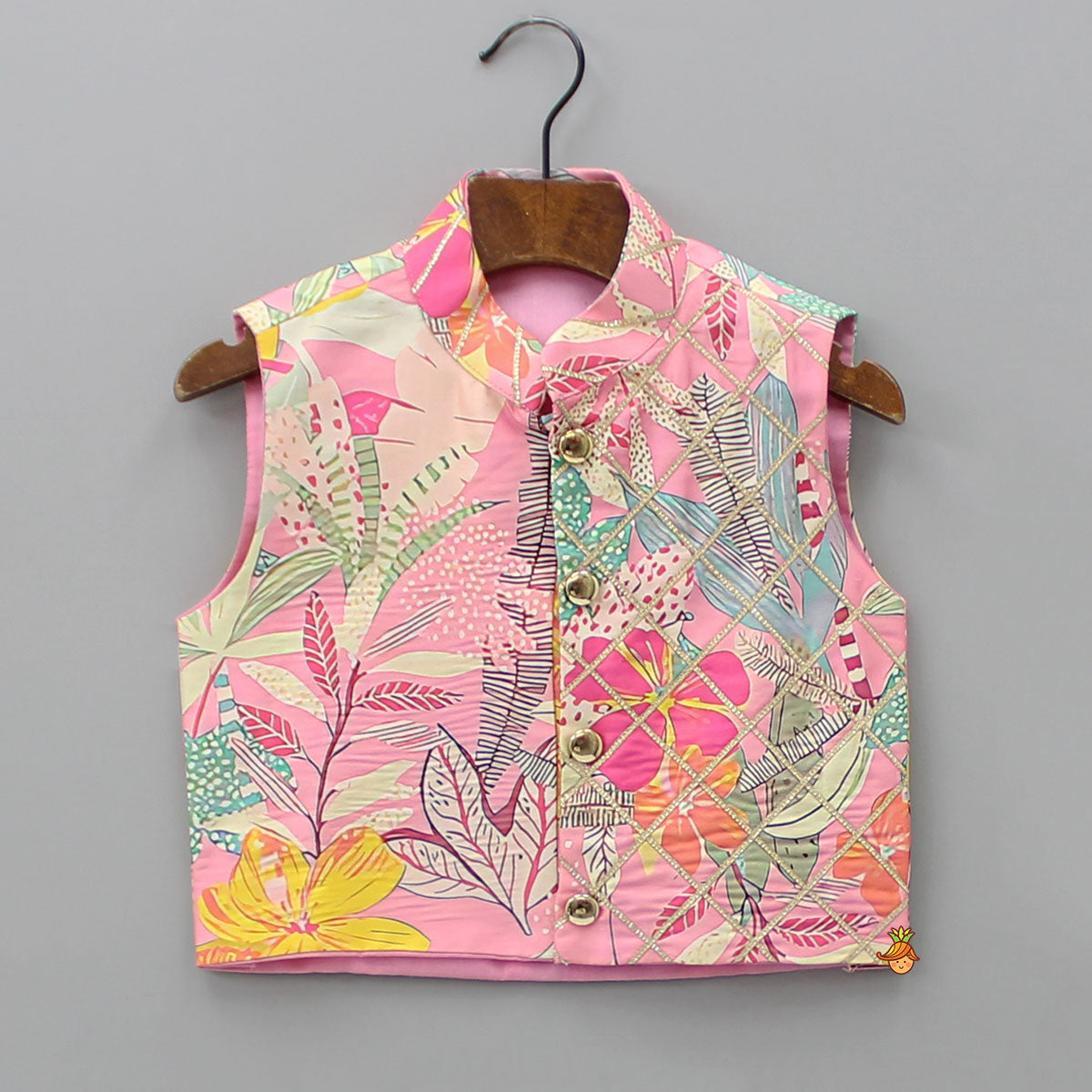 Lace Detailed Front Placket Mandarin Collar Pink Kurta With Floral Jacket And Pyjama