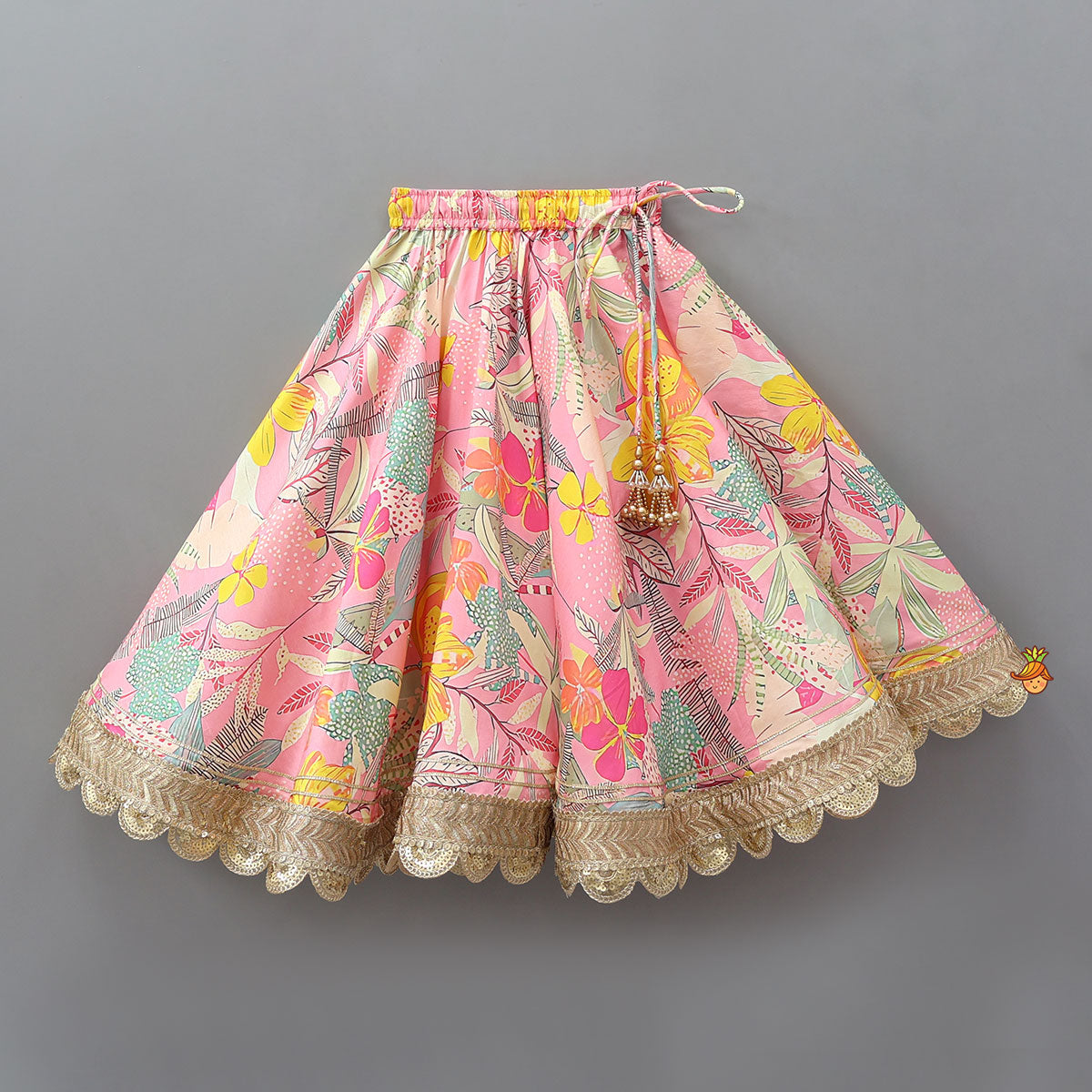 Buttons Adorned Pink Top And Scalloped Lace Work Floral Lehenga