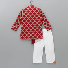 Pre Order: Elegant Red Front Open Asymmetric Sherwani And Pyjama