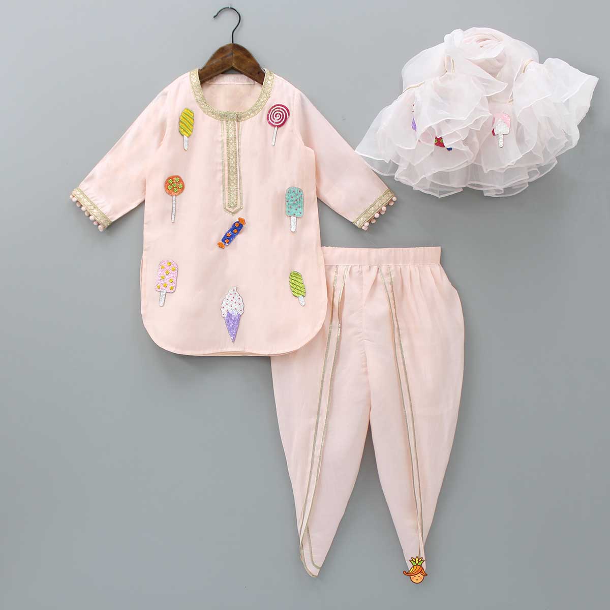 Candies Embroidered Peach Kurti And Tulip Pant With Organza Ruffle Dupatta