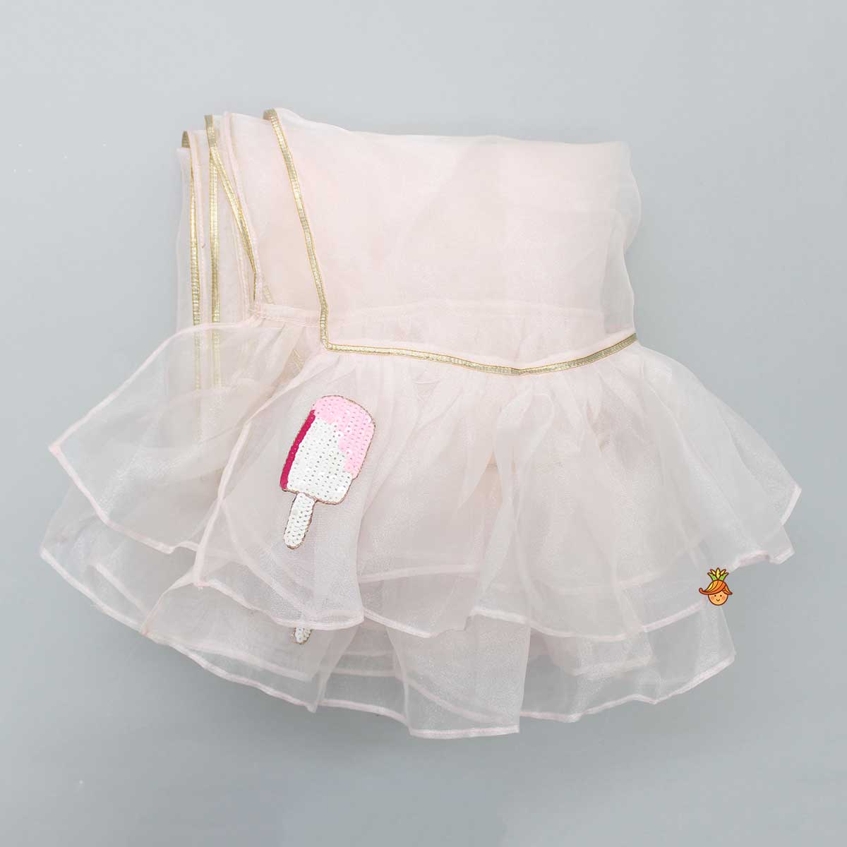 Candies Embroidered Peach Kurti And Tulip Pant With Organza Ruffle Dupatta