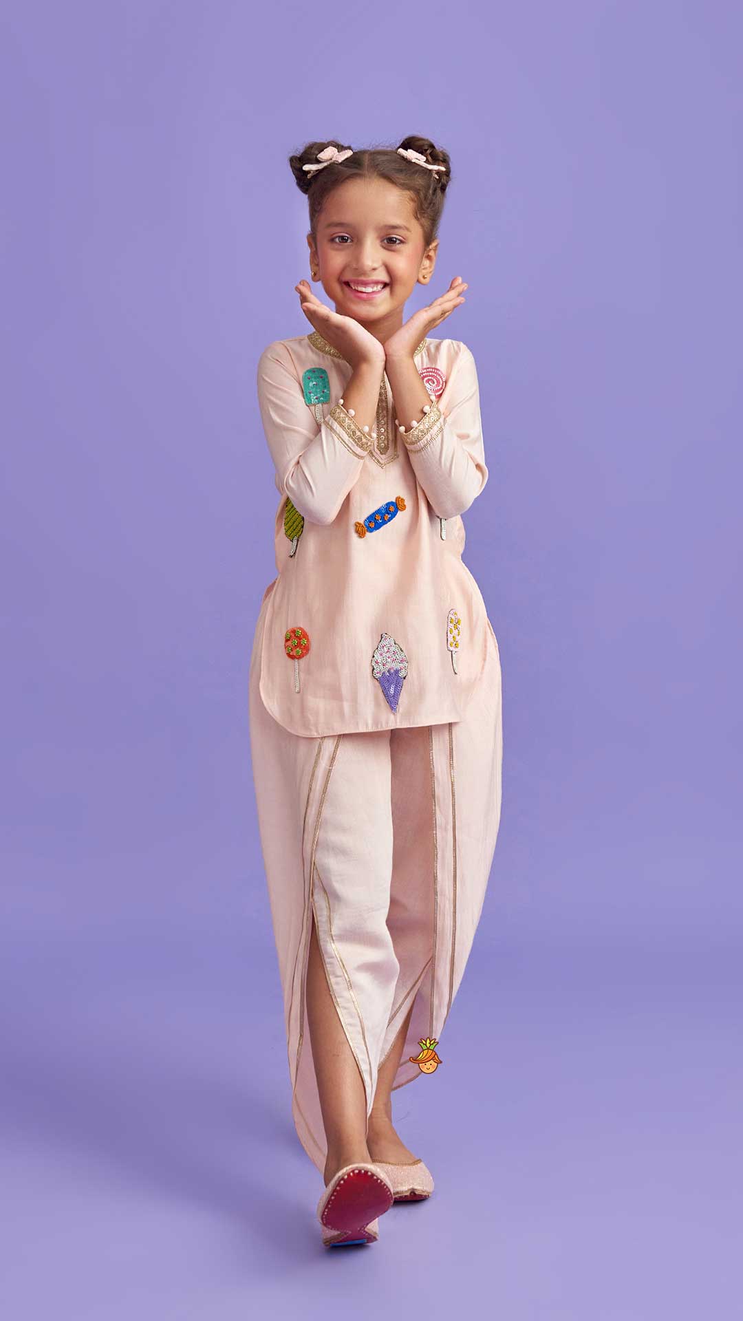Candies Embroidered Peach Kurti And Tulip Pant With Organza Ruffle Dupatta