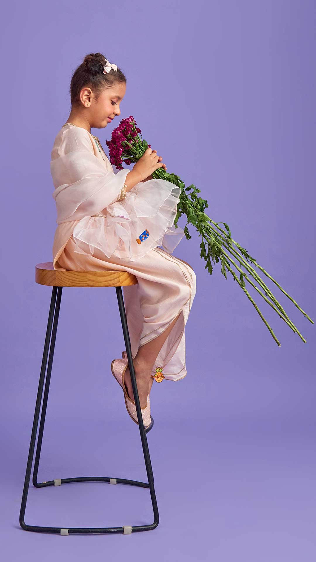 Candies Embroidered Peach Kurti And Tulip Pant With Organza Ruffle Dupatta