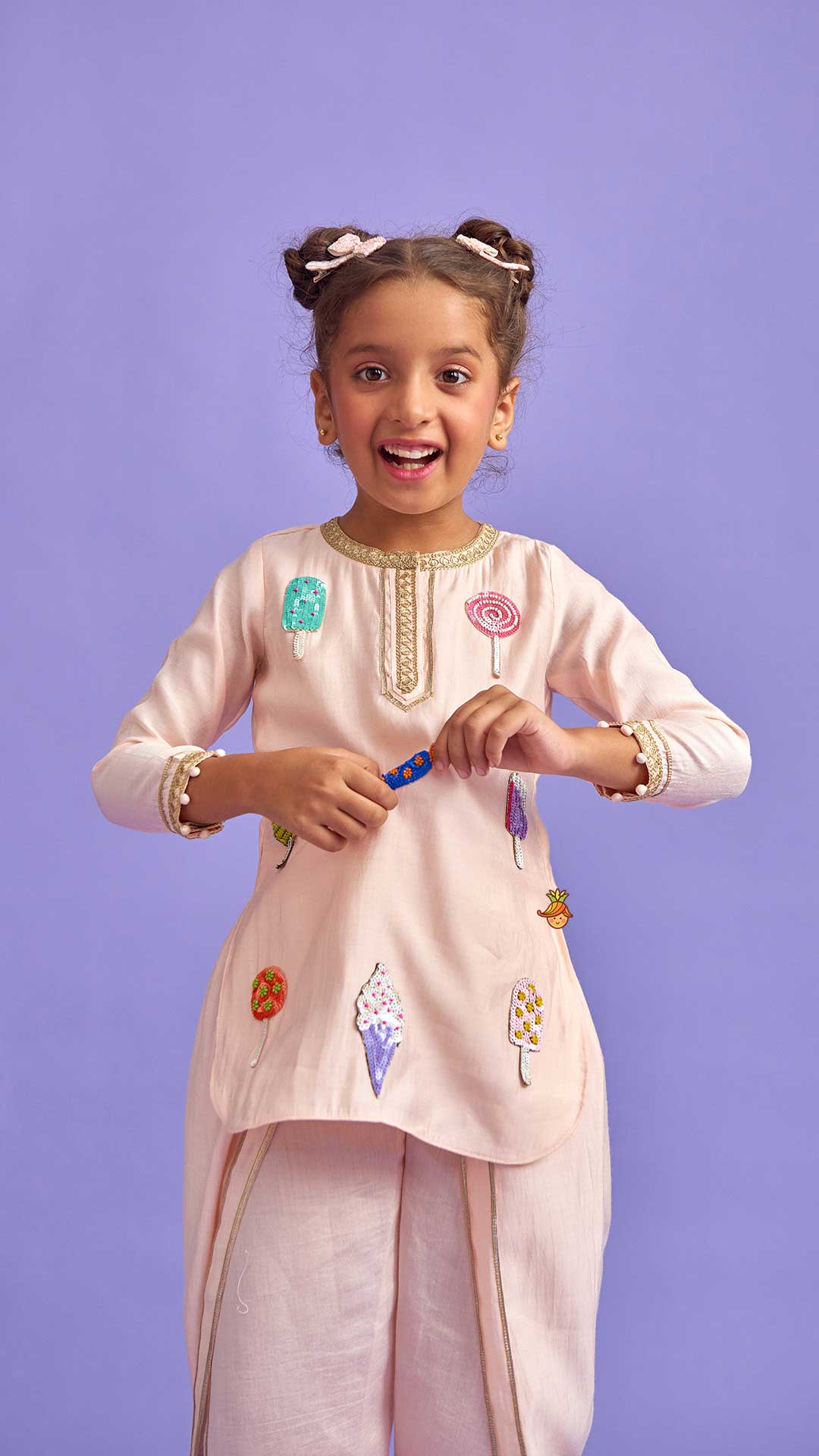 Candies Embroidered Peach Kurti And Tulip Pant With Organza Ruffle Dupatta