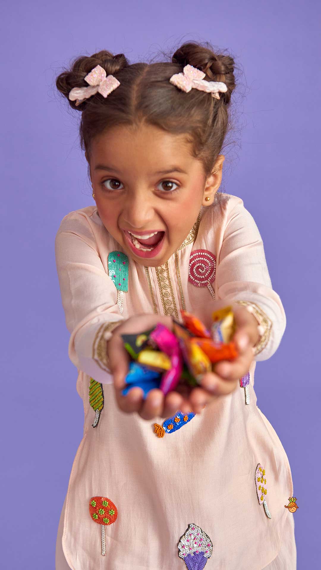 Candies Embroidered Peach Kurti And Tulip Pant With Organza Ruffle Dupatta