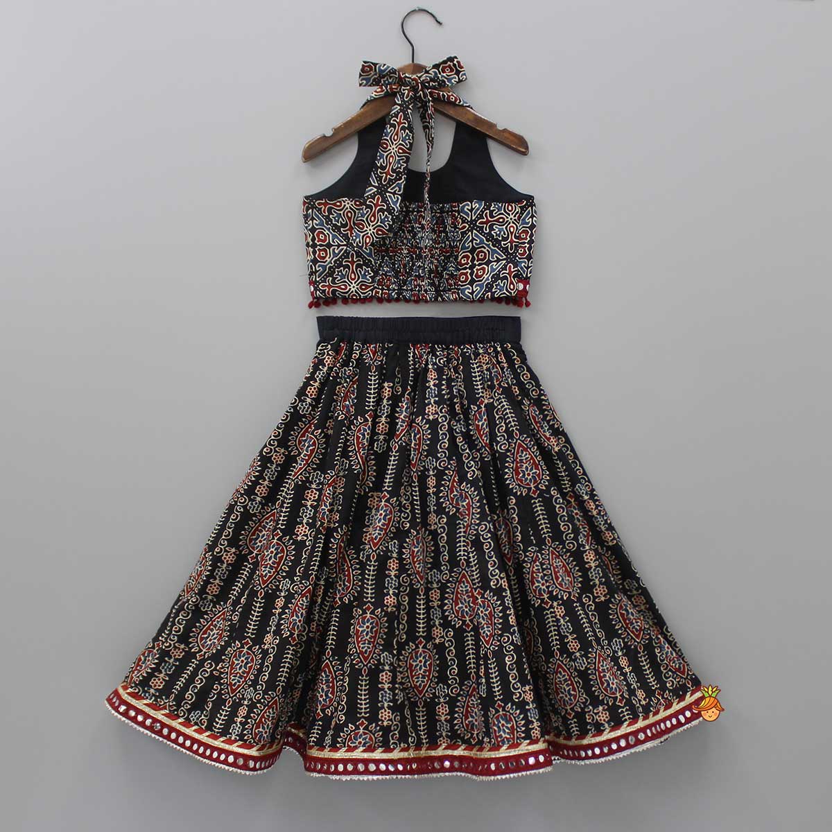 Halter Neck Smocked Back Printed Top And Lehenga