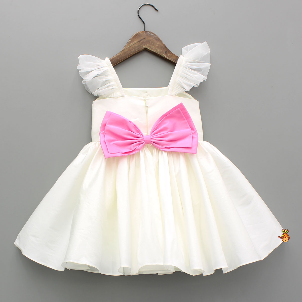 Off White Candies Embroidered Dress With Contrasting Pink Hair Clip