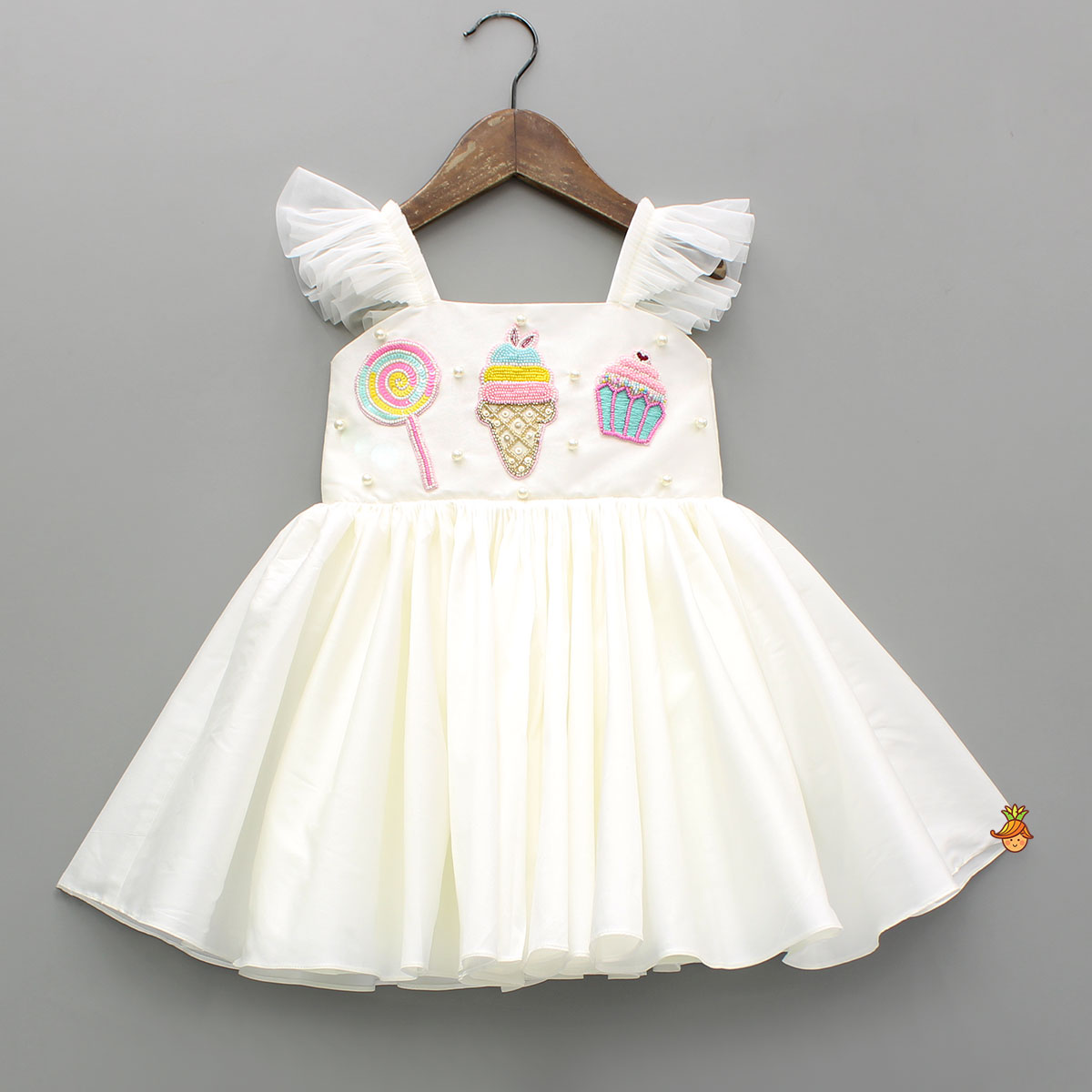 Off White Candies Embroidered Dress With Contrasting Pink Hair Clip