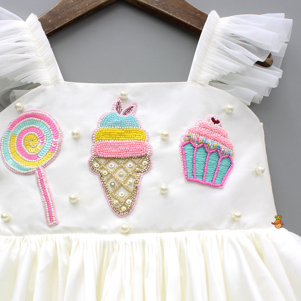 Off White Candies Embroidered Dress With Contrasting Pink Hair Clip