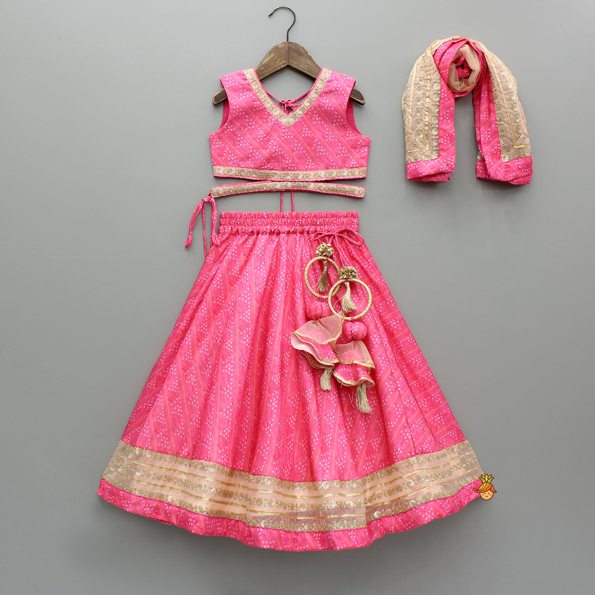 Elegant Pink Top And Fringes Tassels Detail Lehenga With Matching Dupatta