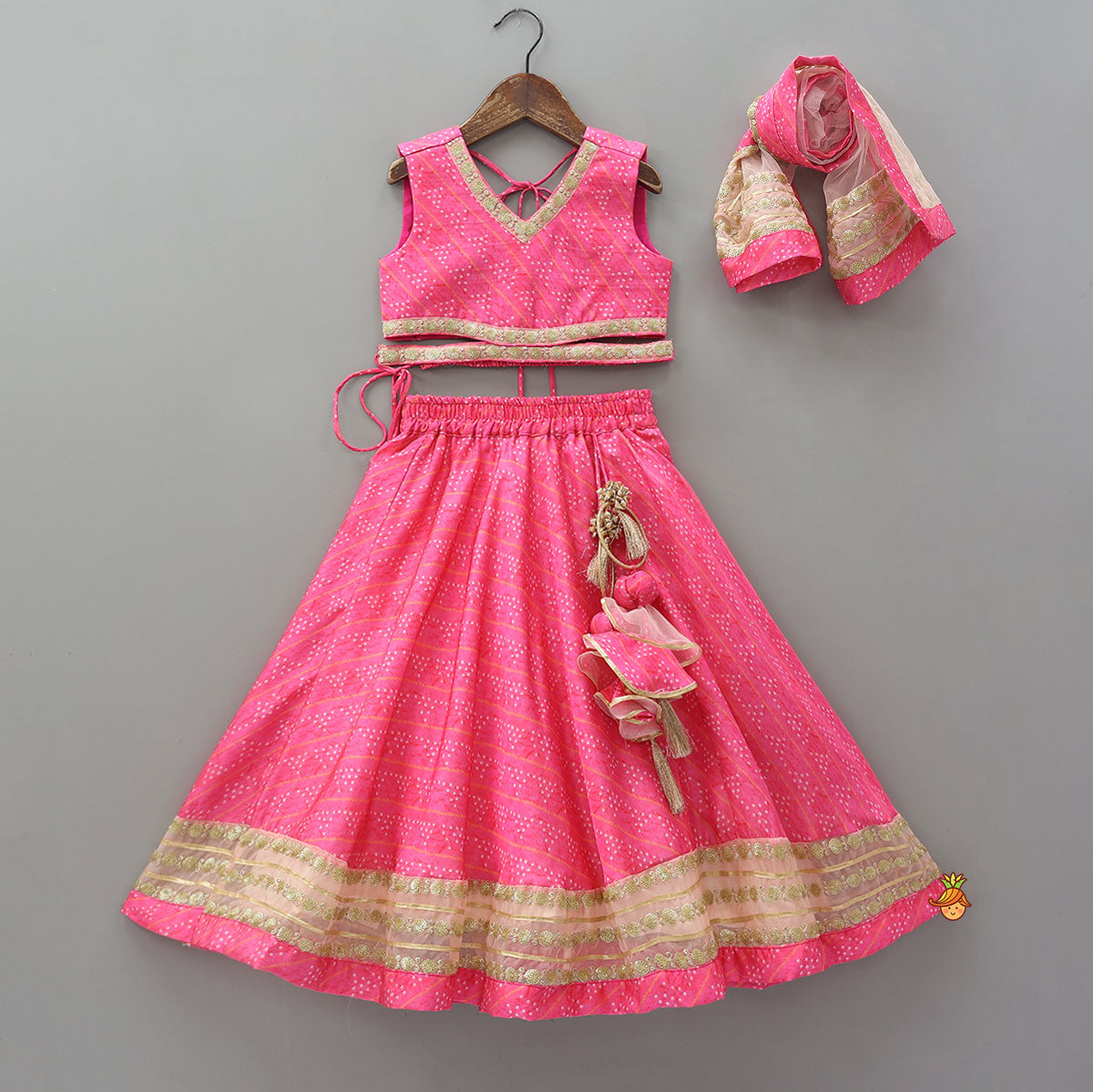 Elegant Pink Top And Fringes Tassels Detail Lehenga With Matching Dupatta