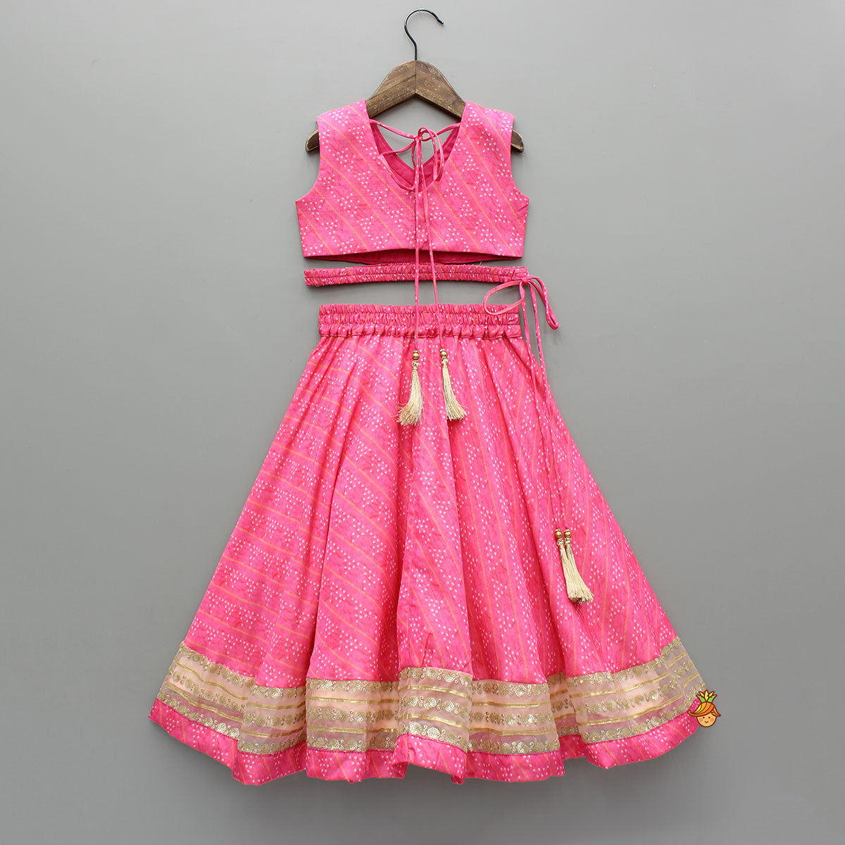 Elegant Pink Top And Fringes Tassels Detail Lehenga With Matching Dupatta