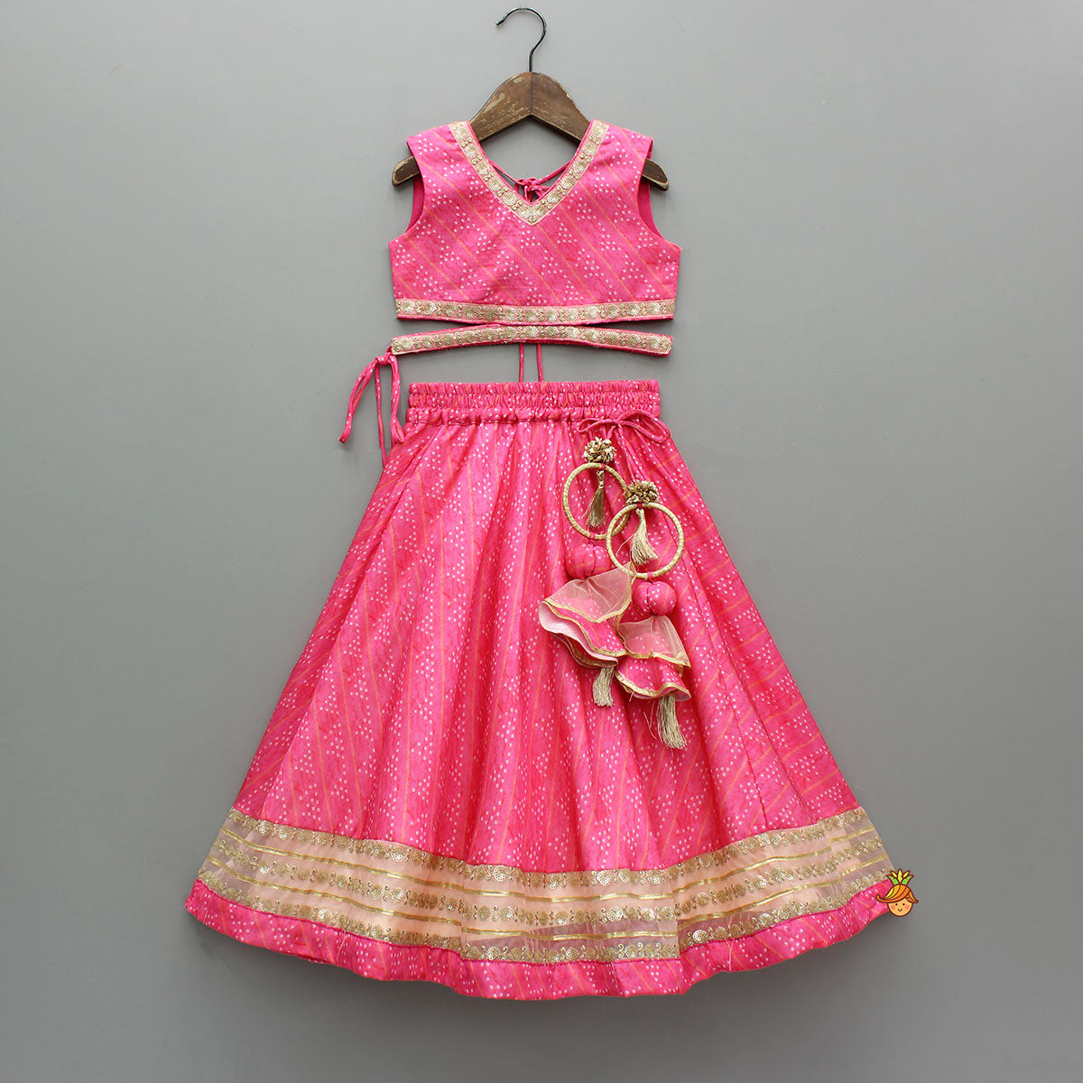 Elegant Pink Top And Fringes Tassels Detail Lehenga With Matching Dupatta