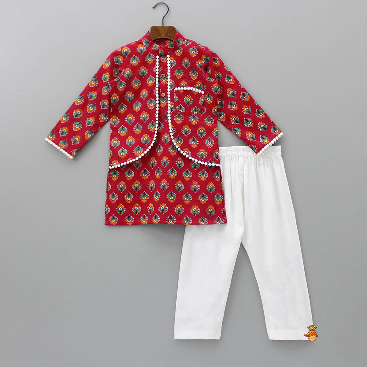 Jacket Style Red Printed Kurta And Pyjama