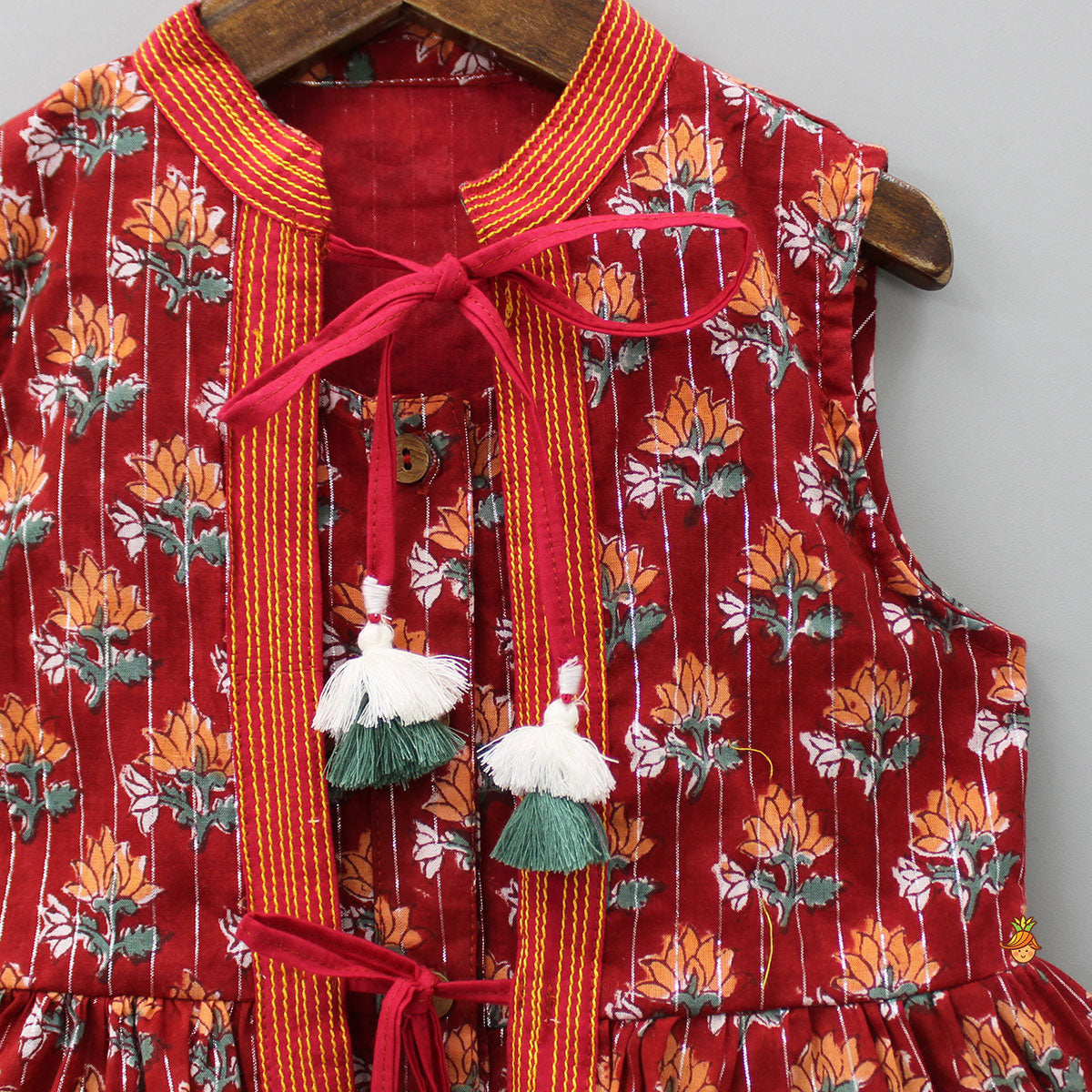 Fringes Tassels Detail Layered Jacket Style Red Kurti