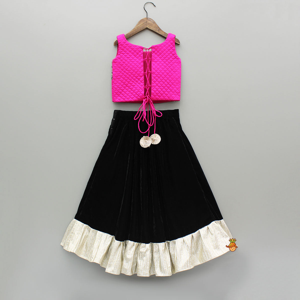 Checks Embroidered Dual Tone Top And Contrasting Tassels Enhanced Black Lehenga With Stylish Net Dupatta