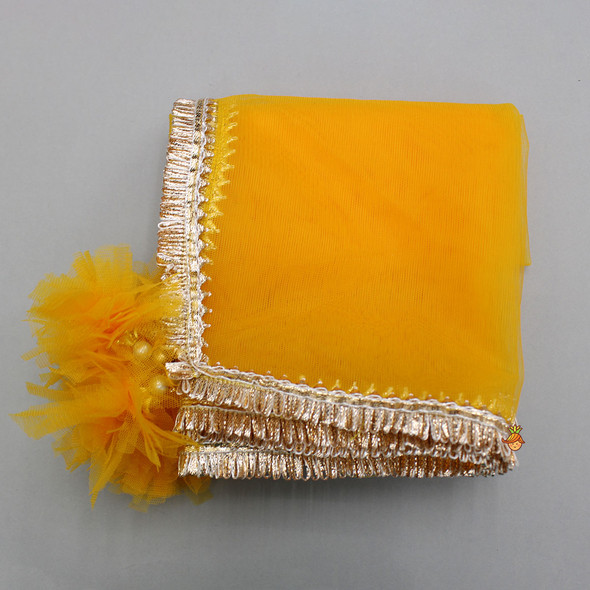 Beautiful Halter Neck Embroidered Mustard Top And Lehenga With Net Dupatta