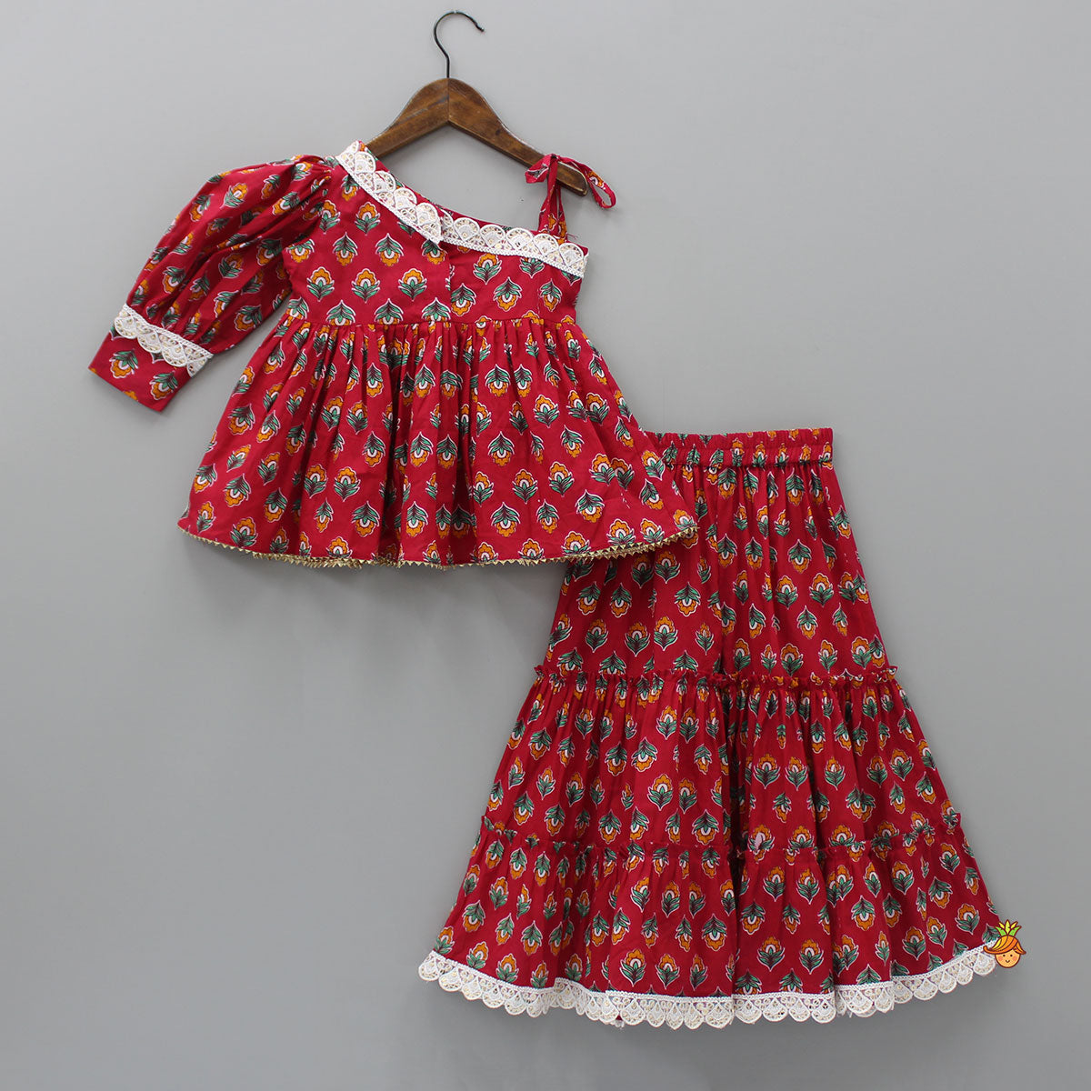 Red One Shoulder Printed Top And Tiered Sharara