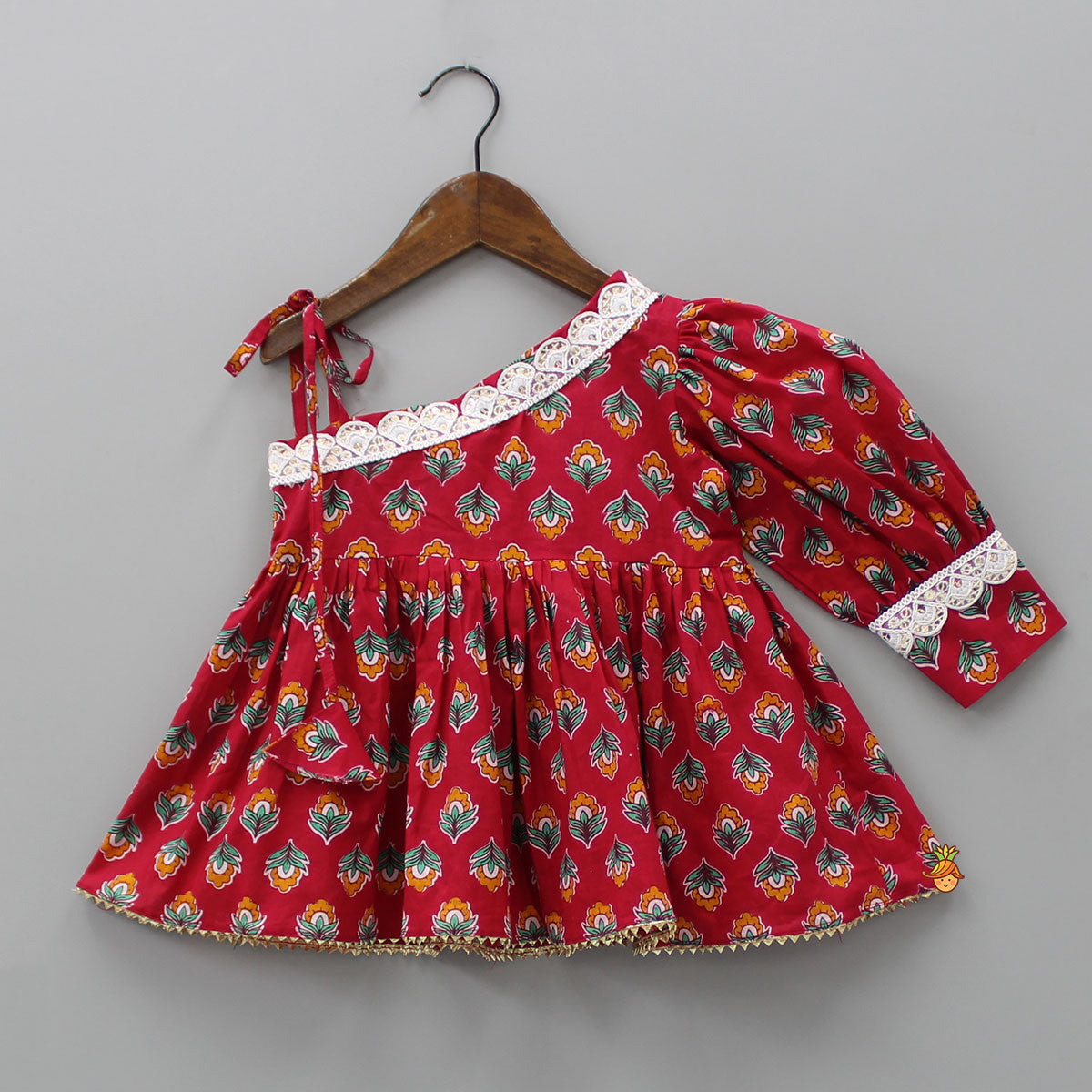 Red One Shoulder Printed Top And Tiered Sharara