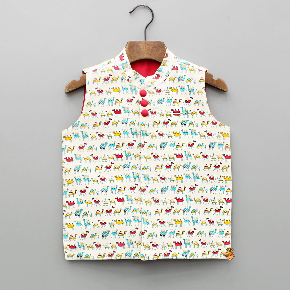 Red Buttons Adorned Printed Off White Jacket