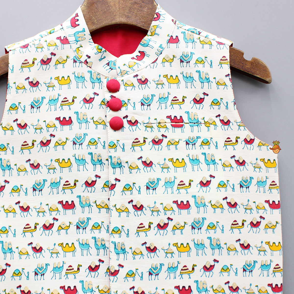 Red Buttons Adorned Printed Off White Jacket