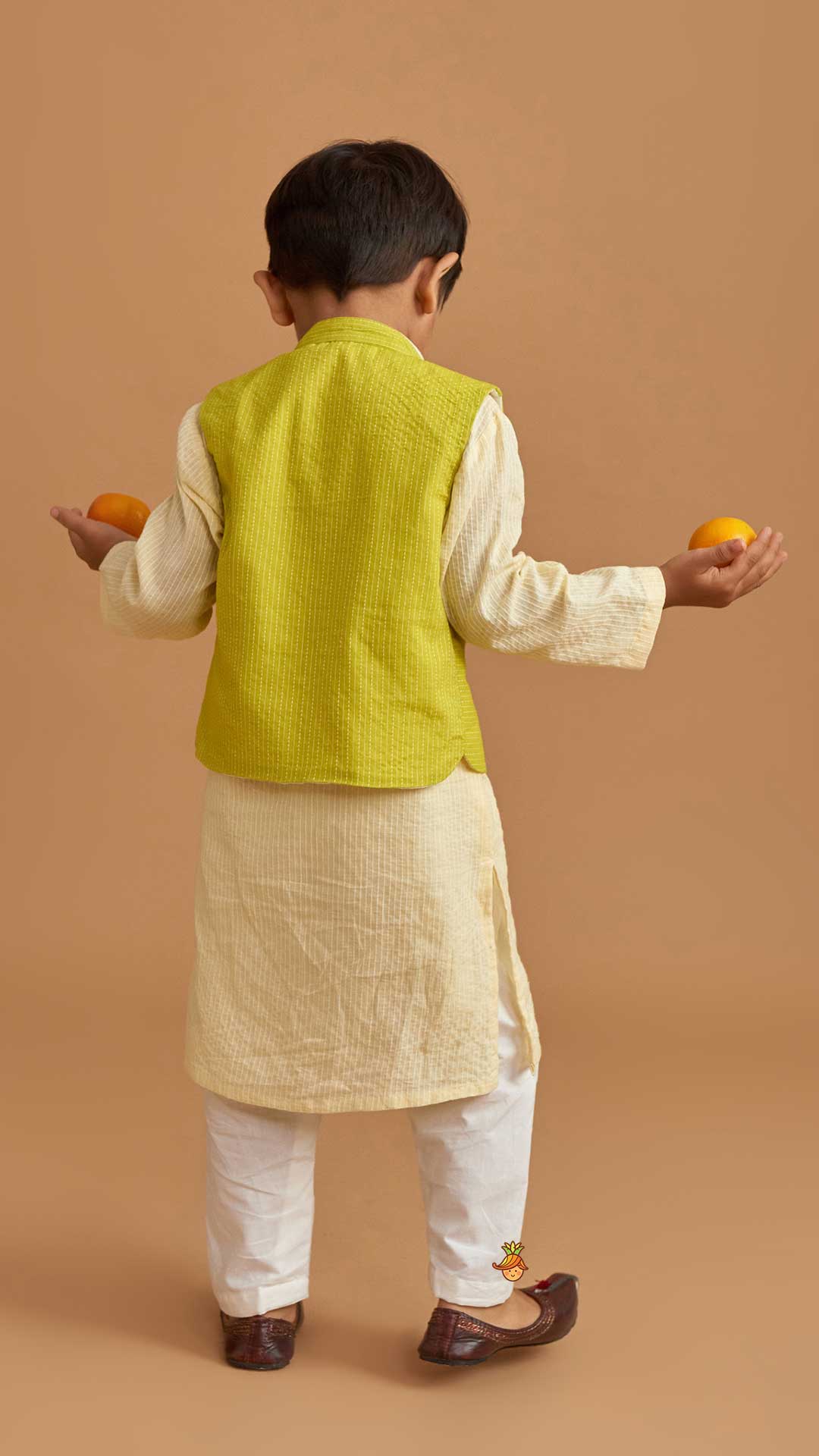 Cotton Cream Kurta With Green Jacket And Pocket Detail Pyjama