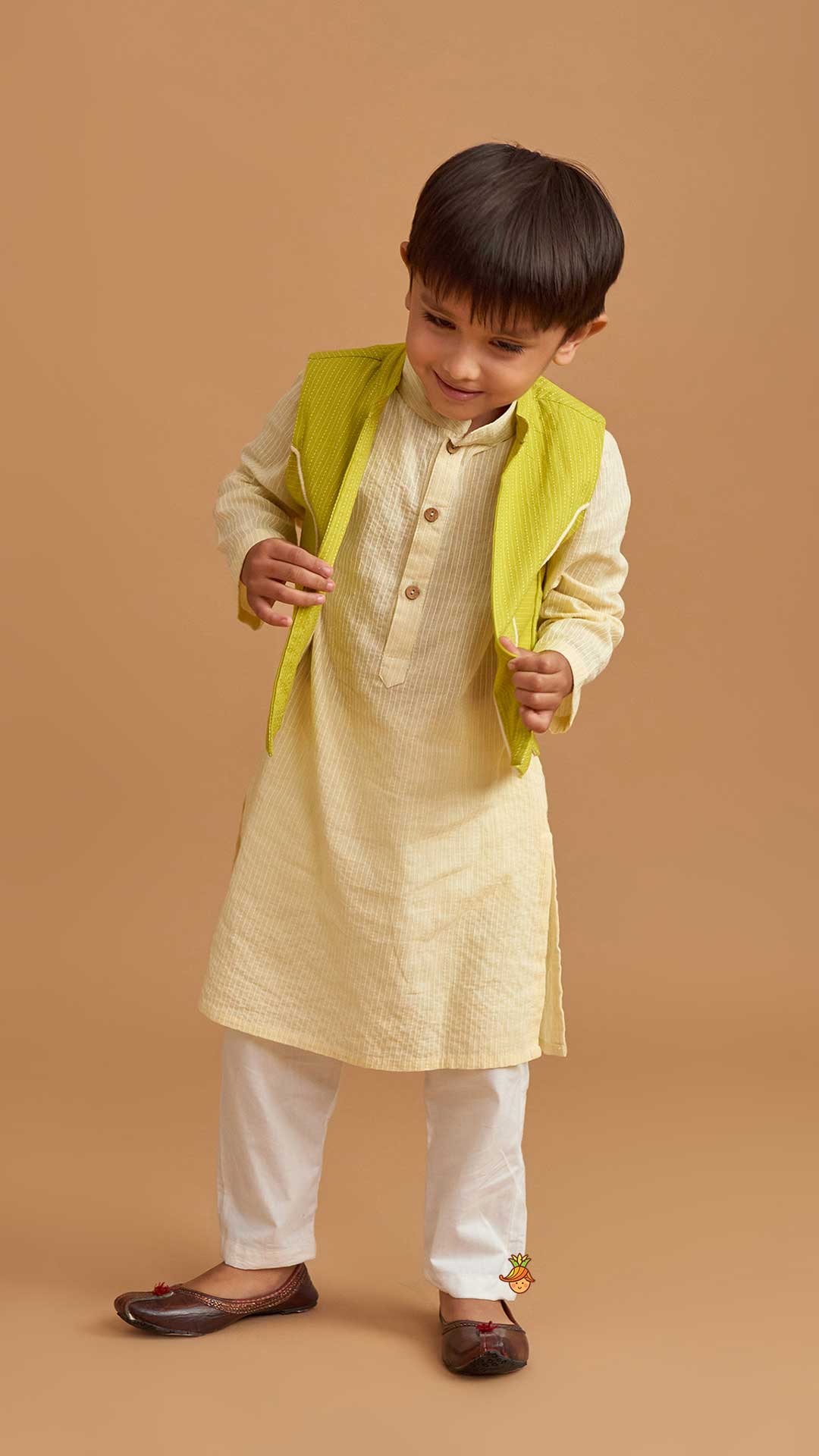 Cotton Cream Kurta With Green Jacket And Pocket Detail Pyjama