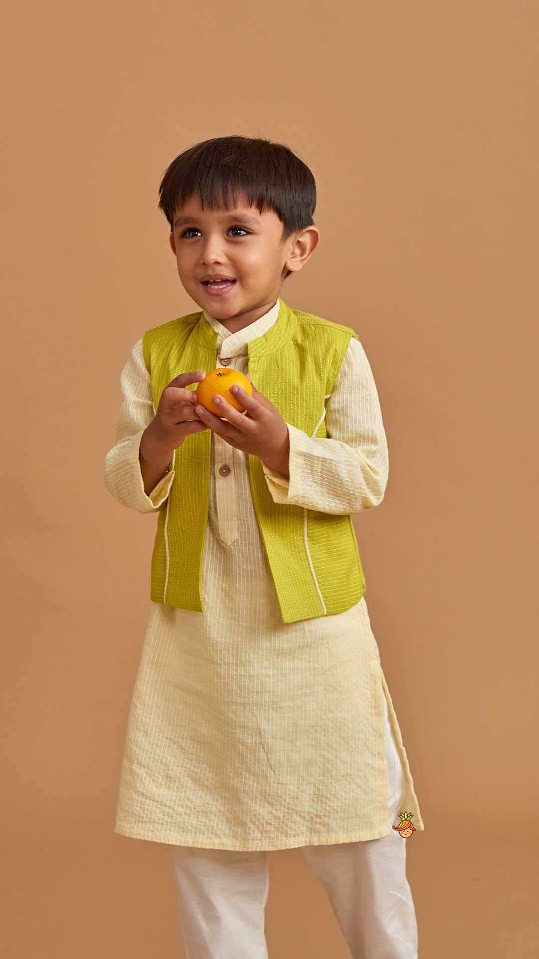 Cotton Cream Kurta With Green Jacket And Pocket Detail Pyjama