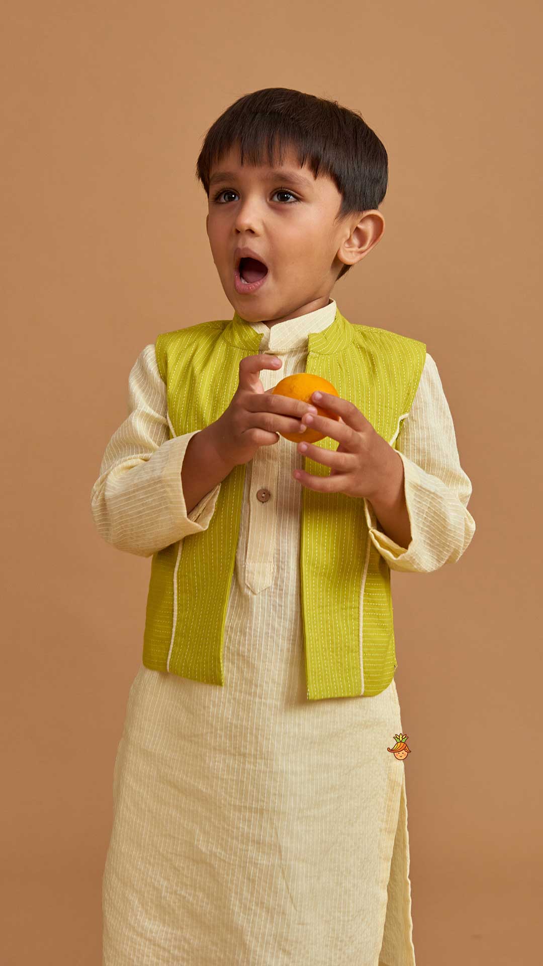 Cotton Cream Kurta With Green Jacket And Pocket Detail Pyjama