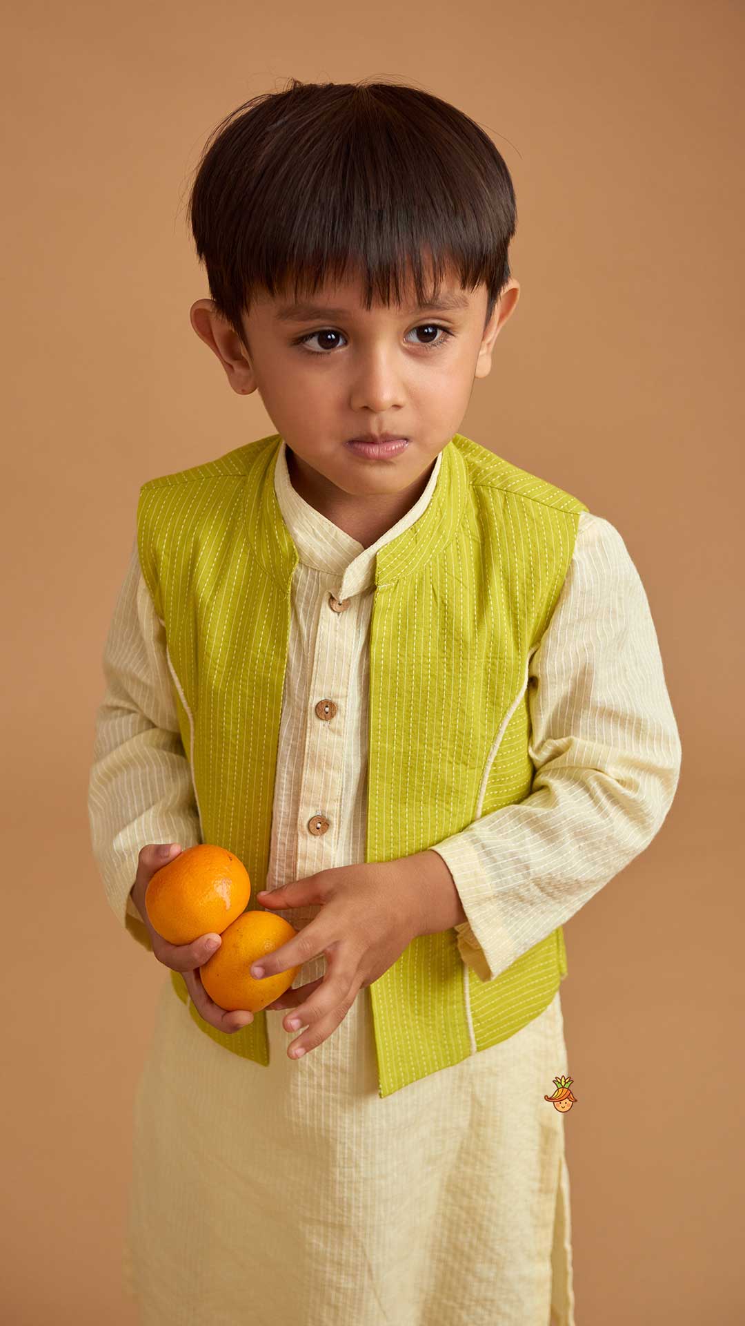 Cotton Cream Kurta With Green Jacket And Pocket Detail Pyjama
