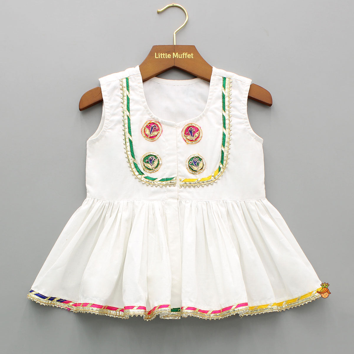 Front Slit White Top And Contrasting Pom Poms Adorned Sharara