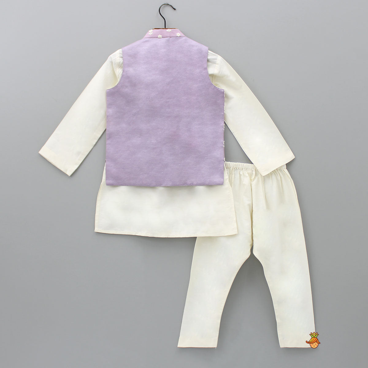 Off White Ethnic Kurta With Lilac Floral Embroidered Asymmetric Jacket And Pyjama