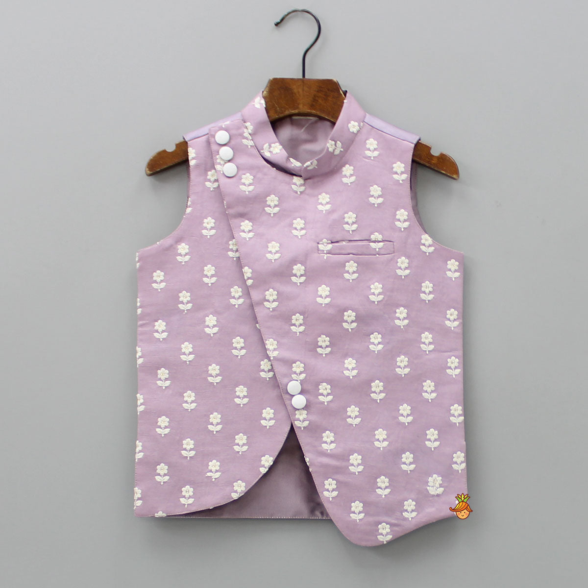 Off White Ethnic Kurta With Lilac Floral Embroidered Asymmetric Jacket And Pyjama
