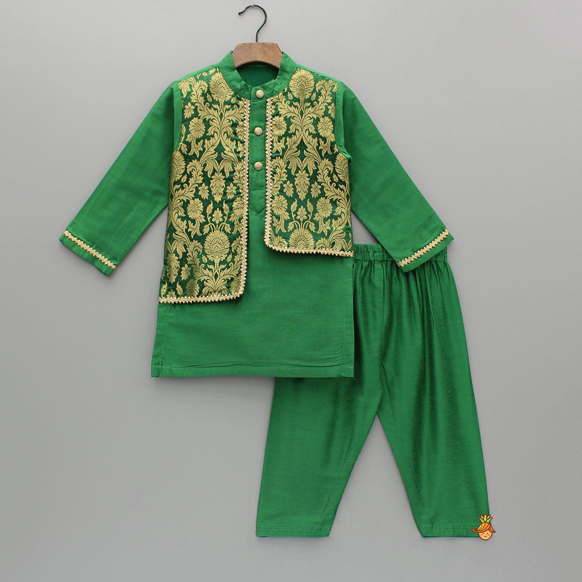Attached Brocade Flap Green Kurta And Pyjama