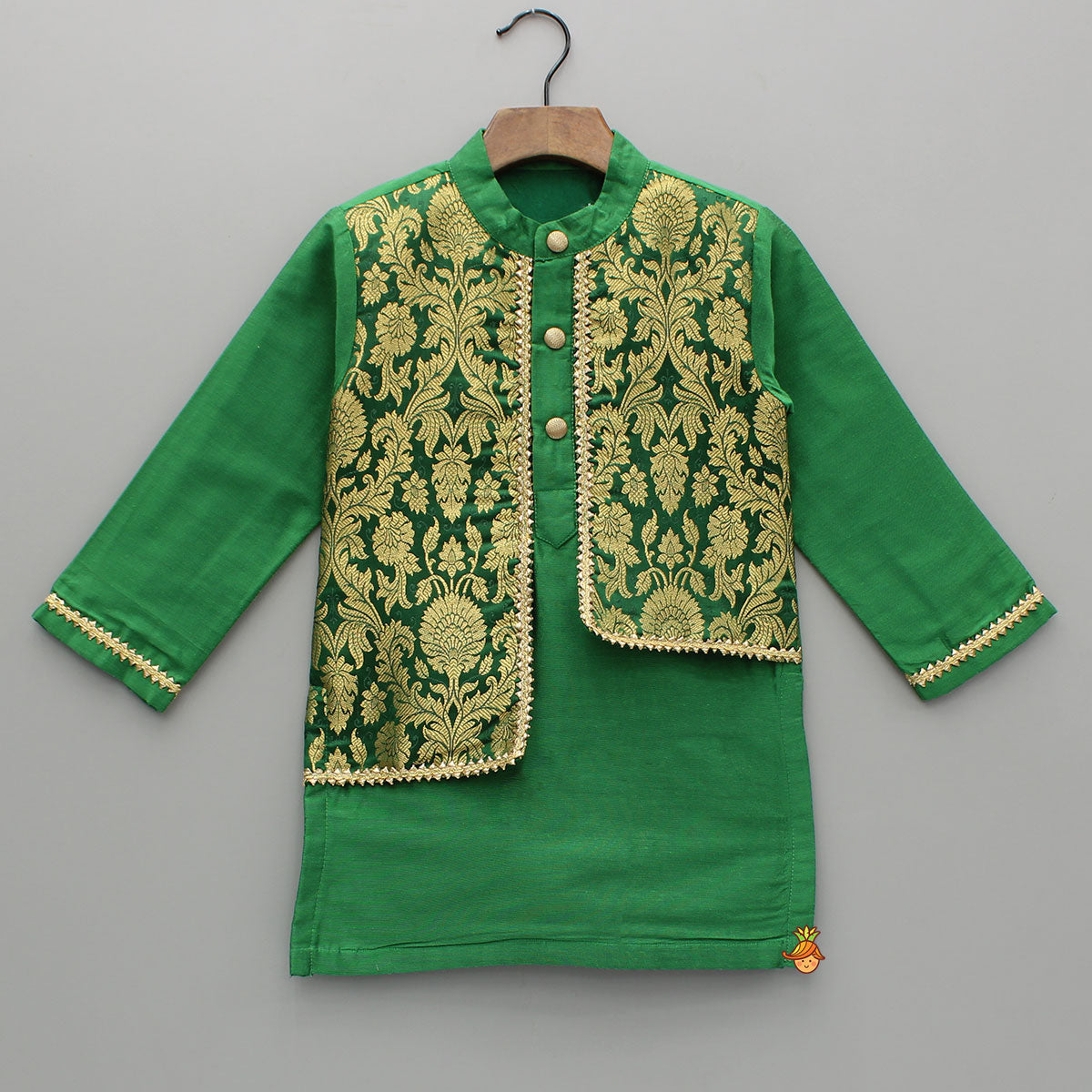 Attached Brocade Flap Green Kurta And Pyjama