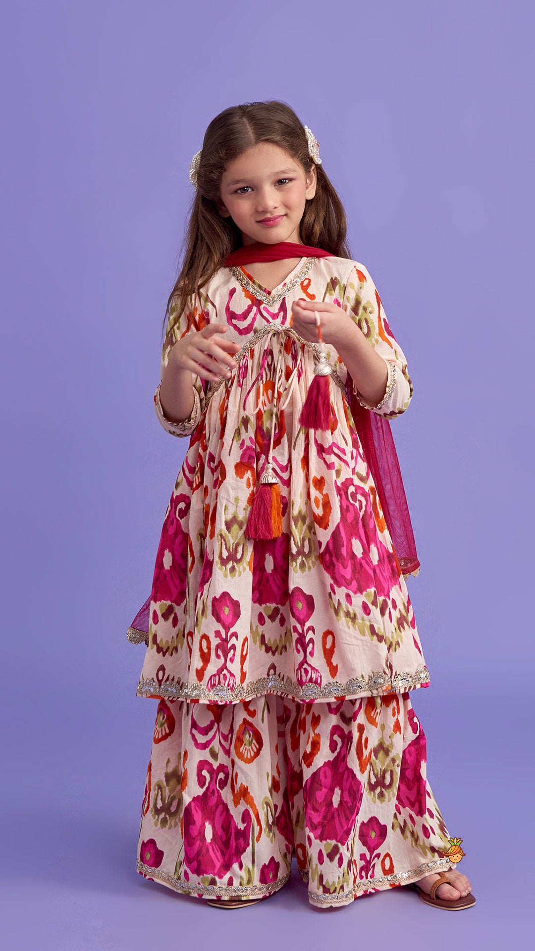 Tassels Enhanced Multicolour Printed Kurti And Sharara With Scalloped Lace Detail Dupatta