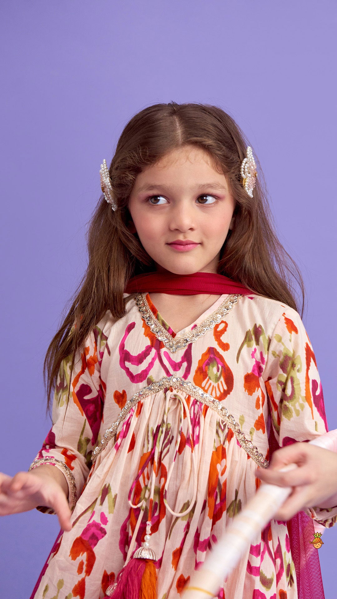 Tassels Enhanced Multicolour Printed Kurti And Sharara With Scalloped Lace Detail Dupatta
