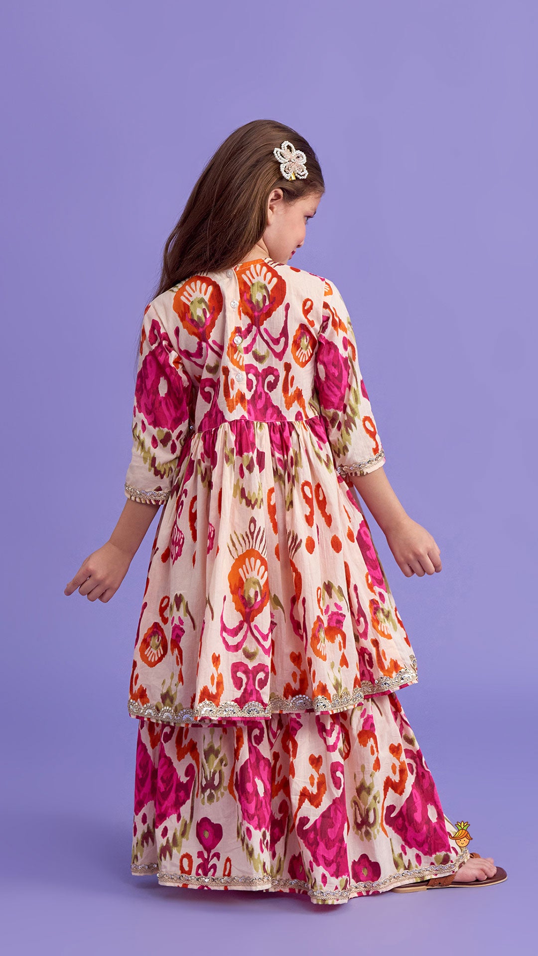 Tassels Enhanced Multicolour Printed Kurti And Sharara With Scalloped Lace Detail Dupatta